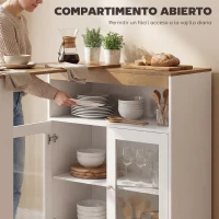 HOMCOM Mesa de Bar Extensible y Giratoria 90° con Estantes Abiertos y 2 Puertas de Vidrio 150x80x105,5 cm Blanco y Natural(m-7)
