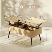 HOMCOM Table basse relevable avec double plateau, table de salon avec compartiment caché et pieds en métal, bois naturel(m-3)