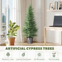 HOMCOM 135cm Artificial Cypress Trees Set of 2, UV Resistant Artificial Plants with Decorative Pot, Fake Plants for Indoor Outdoor Decor, Green(m-4)