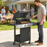 Outsunny Barbecue a Gás com 3 Queimadores 8,1 kW Termómetro Grelhas Mesas Laterais Armário e Rodas 109x50x109 cm Preto(m-8)