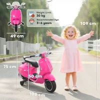 HOMCOM Motocicletă Electrică pentru Copii cu Licență Oficială Vespa, 2 Roți Auxiliare, Lumini și Sunete, 108x49x75 cm, Roz(m-3)