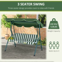 Outsunny 3 Seater Garden Swing Seat Chair Outdoor Bench with Adjustable Canopy and Metal Frame, Green Stripes(m-6)