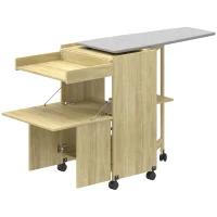 HOMCOM Armario con tabla de planchar plegable con soporte para plancha y prendas con compartimento abierto,154x55x87 cm, Madera Natural(m-1)
