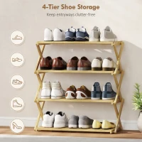 HOMCOM Four-Tier Folding Bamboo Shoe Rack - Natural Finish(m-6)