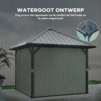 Outsunny 3 x 3m Harddak Paviljoen, Tuinpaviljoen met Metalen Dak, Waterbestendig Tuinzelt met Net en Zijwanden, Donkergrijs(m-5)