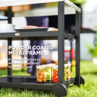 Outsunny Outdoor Grill Dining Cart 3-Shelf Movable Pizza Oven Table Stand with Stainless Steel Top, Portable BBQ Trolley Food Prep Outdoor Kitchen Barbecue Station with Hooks Wheels, Charcoal Grey(m-7)