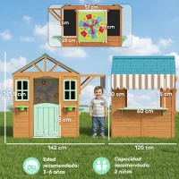 AIYAPLAY Casita Infantil Exterior e Interior de Madera con Barra de Snack Maceteros Pizarra Ventanas Tela para Tiro y 4 Pelotas(m-3)