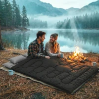 Outsunny Sac de Couchage Double, Modulable en 2 Sacs pour 2 Personnes, 2 Oreillers, Section Tête, 400 g/m², 220x160x10cm, Noir(m-10)