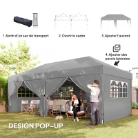 Outsunny Outdoor garden foldable gazebo 3 x 6 m with 6 side walls, carry bag included, gray(m-4)