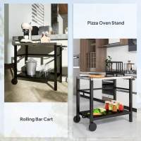 Outsunny Outdoor Grill Dining Cart 2-Shelf Movable Pizza Oven Table Stand with Stainless Steel Top, Portable BBQ Trolley Food Prep Outdoor Kitchen Barbecue Station with Hooks Wheels, Charcoal Grey(m-8)