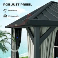 Outsunny 3 x 3m Harddak Paviljoen, Tuinpaviljoen met Metalen Dak, Waterbestendig Tuinzelt met Net en Zijwanden, Donkergrijs(m-4)