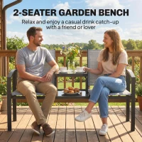 Outsunny Garden Love Seat, 2 Seater Jack and Jill Loveseat Companion Seat with 2-Tier Glass Table, Breathable Texteline, Grey(m-4)