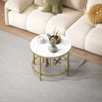 HOMCOM Modern Round 2-Tier Coffee Table with Faux Marble Top and Tempered Glass Shelf, Ø 60 x 45 cm, White and Gold(m-9)