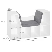 HOMCOM Bibliotecă Raft 2 în 1 cu Perne Moi și 6 Compartimente, Mobilier Multifuncțional pentru Cărți și Jocuri, Raft cu 6 Cuburi pentru Living, Dormitor și Birou, 102x30x61 cm, Alb(m-3)