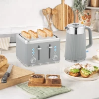 HOMCOM Electric Stainless Steel Kettle and Toaster Set, 3000W 1.7L UK Strix Thermostat Fast Boil Kettle w/ Limescale Filter, Cool Touch Body, 4 Slice Toaster with 7 Browning Levels, Taupe(m-2)