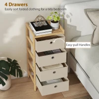 HOMCOM Chest of Drawers, 4 Fabric Drawers Narrow Dresser with Bamboo Frame, Cream White(m-4)