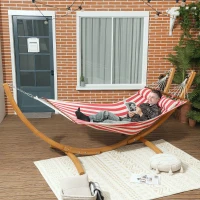 Outsunny Freestanding 1-Person Hammock, Hammock with Wooden Stand Head Pillow, Cotton Bed, 310x118x120cm, Red and White(m-2)
