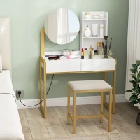HOMCOM Tocador de Maquillaje con Espejo y Taburete Acolchado Estación de Carga 2 Cajones 3 Estantes para Dormitorio Blanco(m-2)