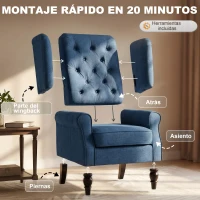 HOMCOM Sillón de Salón con Reposabrazos y Patas de Madera Butaca Carga 160 kg para Dormitorio Oficina Sala de Estar 74x86x102 cm Azul(m-7)