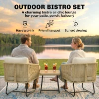 Outsunny Rattan Bistroset 3-delig FSC Tuinmeubelset met 2 Fauteuils, Latten Houten Tafel, Dikke Wasbare Kussens, Stalen Frame(m-4)