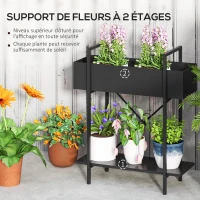 Outsunny 2-Tier Indoor Plant Stand, Plant Holder with Drainage Holes, Top Tray, Metal, 60 x 25 x 70 cm Black(m-4)