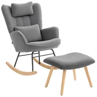 HOMCOM Rocking Chair with Footstool, Sherpa Fleece Armchair with Wooden Legs and Pillow, High Backrest Lounge Chair for Adults, Nursery, Living Room, Bedroom, Charcoal Grey(m-1)