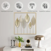 HOMCOM Modern Metal Wall Decoration, Leaf-Shaped Metal Wall Sculpture, 70 x 70 cm, Gold(m-6)