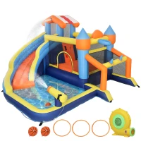 AIYAPLAY Castelo Insuflável Aquático 8 em 1 com Soprador de 550W Escorrega Trampolim Escalada Piscina Baliza Cesto de Basquetebol e Jogo de Lançamento(m-1)