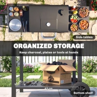 Outsunny Grill węglowy z pokrywą, BBQ Smoker z 2 bocznymi stolikami, dużą powierzchnią grillową, rusztem, termometrem i kółkami(m-6)