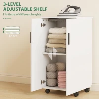 HOMCOM 2-w-1 składana szafka na deskę do prasowania na kółkach z deską do prasowania i regulowaną półką do małych pomieszczeń, Biała(m-6)