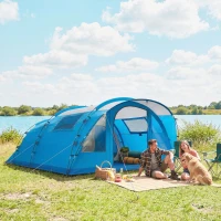 Outsunny Tenda de Campismo Familiar Tipo Túnel para 4 Pessoas com 2 Quartos Porta 4 Janelas Impermeável Montagem Fácil Azul(m-2)