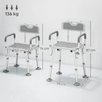 HOMCOM EVA Padded Shower Chair for the Elderly and Disabled, Height Adjustable Shower Stool with Back and Arms, 4 Suction Foot Pads, Light Grey(m-3)