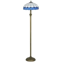 HOMCOM Tiffany-Style Floor Lamp with Handcrafted Stained Glass Shade, 152cm Tall Vintage Standing Lamp with Foot Switch and Dual Sockets for Living Room Bedroom, Bronze Tone and Blue(m-1)