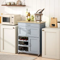 HOMCOM Modern Kitchen Trolley, Rolling Island Storage Cart with Drawer, 9-bottle Wine Rack, Door Cabinets, Wooden Countertop, Grey(m-7)