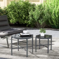Outsunny Set of 2 Nesting Garden Coffee Tables with Tempered Glass Top, Black Aluminum Frame(m-7)
