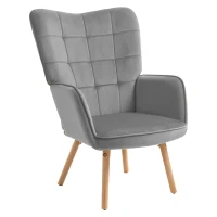 HOMCOM Modern Accent Chair Velvet Tufted Wingback Armchair Upholstered Leisure Club Chair with Wood Legs, Grey(m-1)