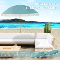 Outsunny Wood-effect Pole Beach Umbrella Ø 170 cm, Large Fringed Umbrella Adjustable Height, UPF50+ Carry Bag, Light Blue(m-5)