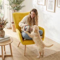 HOMCOM Modern Accent Chair Velvet-Touch Tufted Wingback Armchair Upholstered Leisure Lounge Sofa Club Chair with Wood Legs, Yellow(m-8)