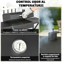 Outsunny Grătar cu Cărbuni, cu 2 Rafturi Laterale, Termometru, Capac și Roți, 110x46.5x101 cm, Negru(m-5)