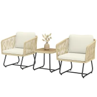 Outsunny Rattan Bistroset 3-delig FSC Tuinmeubelset met 2 Fauteuils, Latten Houten Tafel, Dikke Wasbare Kussens, Stalen Frame(m-10)