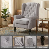 HOMCOM Fauteuil de salon capitonné avec assise large, pieds en bois, style classique, grand confort, 74 x 86 x 102 cm, gris(m-4)