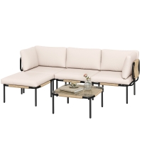 Outsunny Ensemble lounge en Polyrattan 5 pièces avec 3 fauteuils, table en verre, repose-pieds, assise large & profonde, coussins amovibles