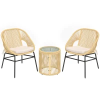 Outsunny Set bistrot 3 pièces en rotin et acier avec 2 chaises, table ronde avec plateau en verre trempé, Beige(m-6)