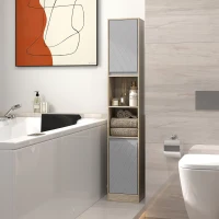 HOMCOM Freestanding Bathroom Storage Cabinet w/ 2 Cupboards 2 Compartments Home Organisation Anti-Tipping Elevated Base 30L x 24W x 170H cm Grey&Brown(m-9)