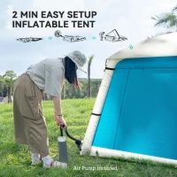 Outsunny Inflatable Camping Tent w/ Hand Pump, Easy Setup 1/2 Person Blow Up Tent Waterproof 190T Taffeta w/ Mesh Windows, Doors and Carry Bag, Light Blue(m-4)