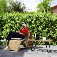 Outsunny Woven Resin Garden Side Table, 90x50x45cm, Garden Coffee Table with Tempered Glass Top, Natural(m-2)