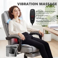 HOMCOM Fotel biurowy z wysokim oparciem, masażem wibracyjnym, funkcją podgrzewania, regulowanym oparciem, podnóżkiem, pilotem, szary(m-4)