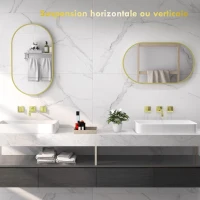 HOMCOM Oval wall mirror aluminum frame minimalist style vertical or horizontal mounting with 3 hooks 40 x 70 cm gold(m-6)