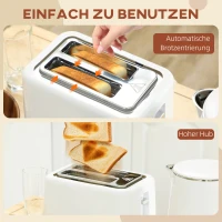 HOMCOM zestaw czajnik i toster ze stali nierdzewnej, czajnik 1,5 l 2200W z automatycznym wyłączaniem, funkcja podtrzymywania ciepła 40-100°C, toster na 2 kromki z 7 poziomami opiekania, funkcja rozmrażania, podgrzewania i wyświetlacz LED, biały(m-8)