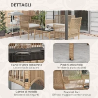 Outsunny Set da Giardino in Rattan da 4 Pezzi con 2 Poltroncine, Divano e Tavolino da Caffè, Naturale e Nero(m-6)